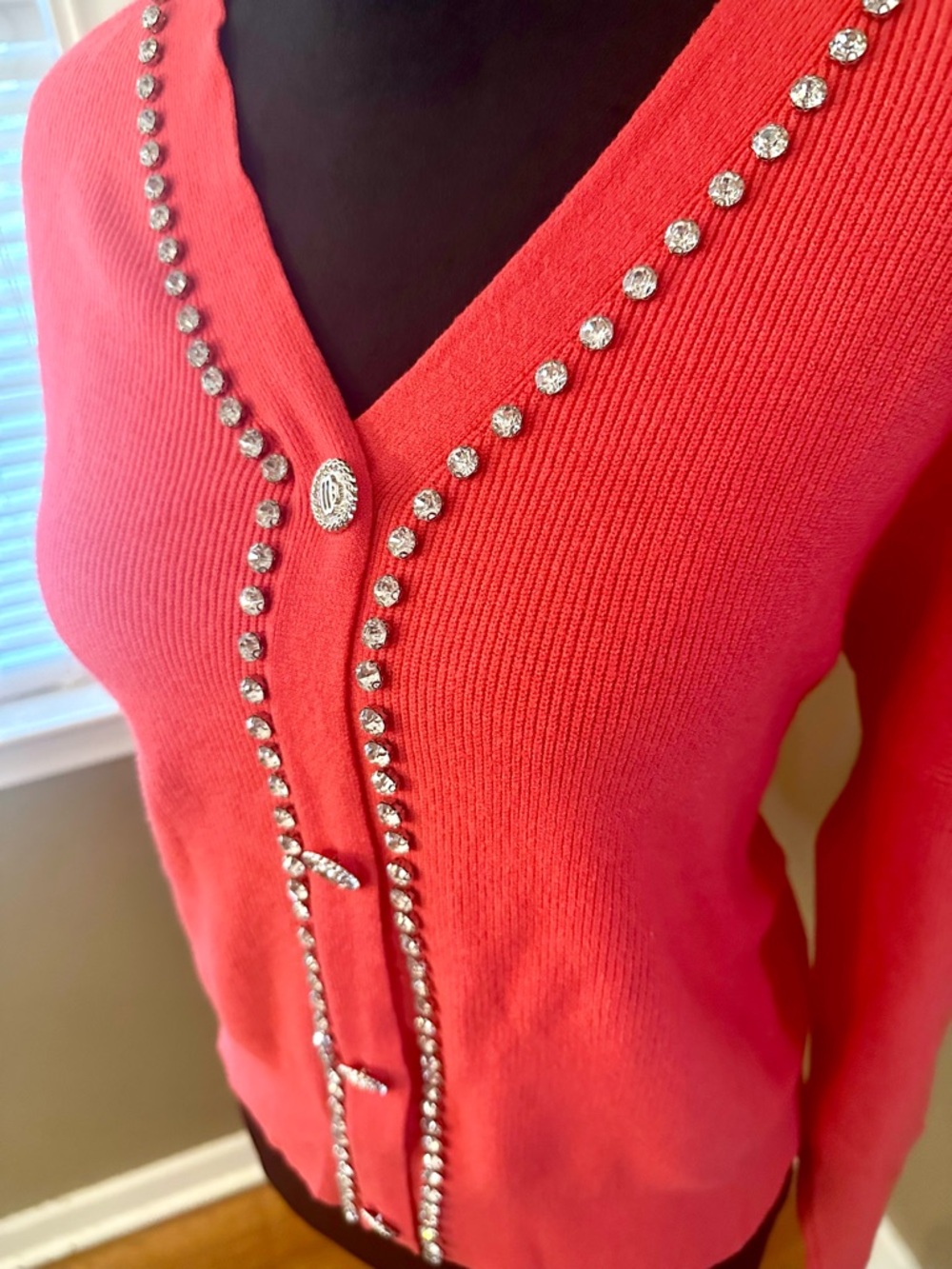 Crystal-Trim Coral V-Neck Cardigan Sweater